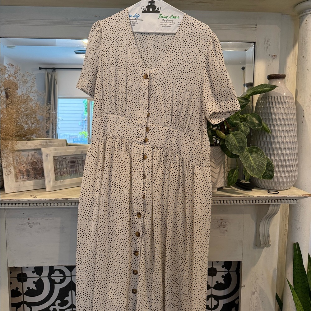 Beige Polka Dot Button-Front Women’s Dress